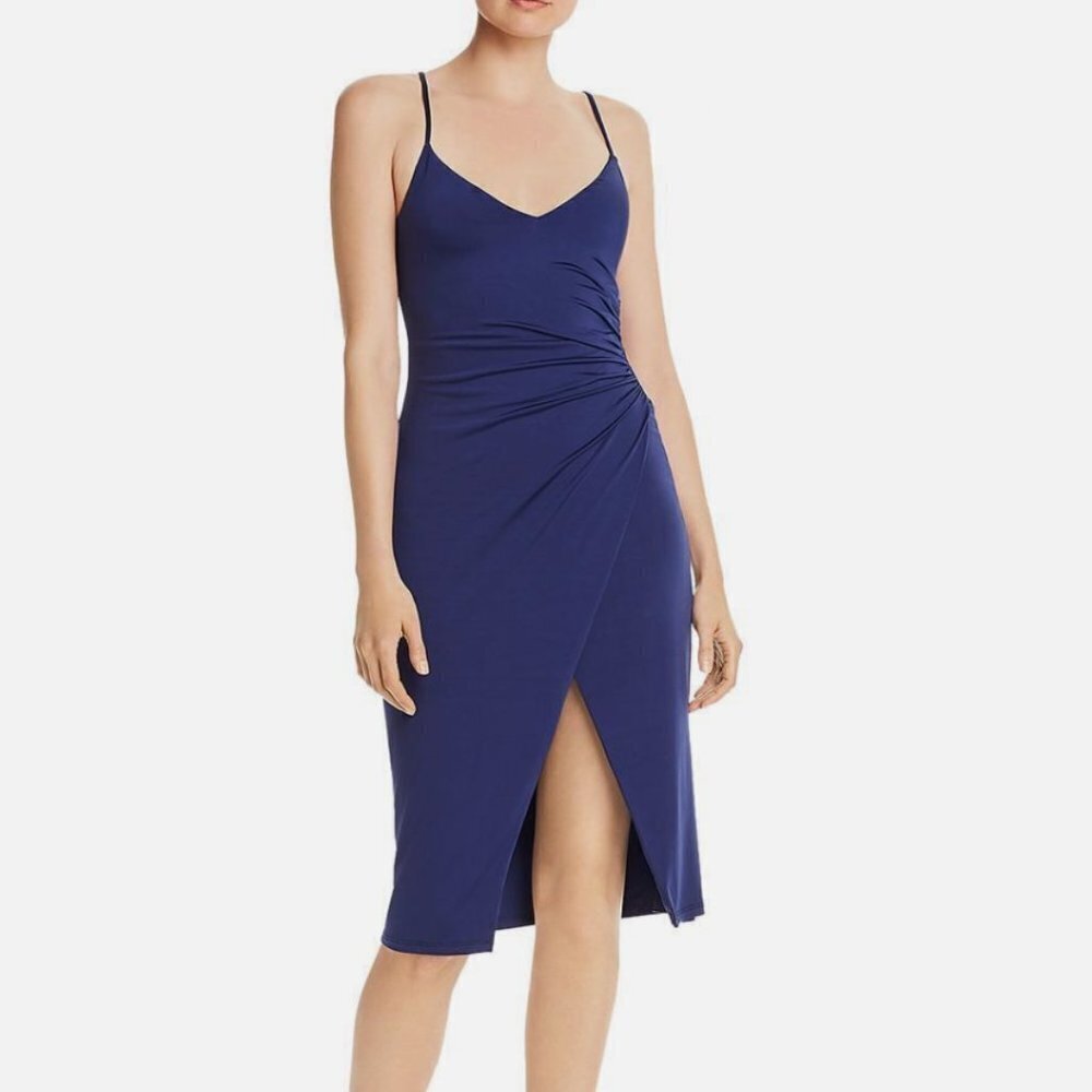 Black Halo Blue Bowery Jersey V Neck Strappy Ruched Mini Dress